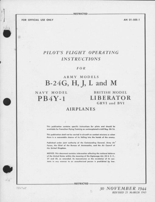 Flight Manual for the Consolidated B-24 LB-30 C-87 RY-3 Liberator