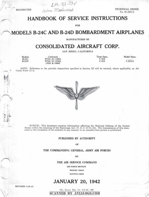 Flight Manual and maintenance manual for the Consolidated B-24 Liberator PB4Y-1 PB4Y-2