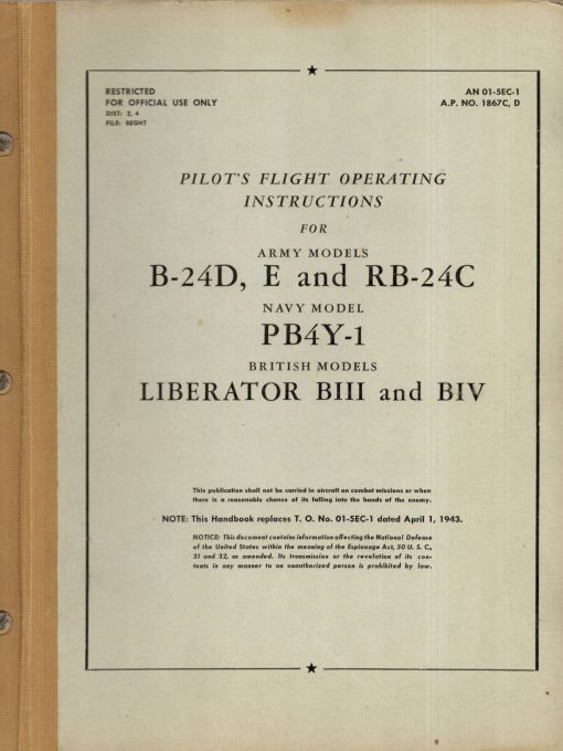 Flight Manual and maintenance manual for the Consolidated B-24 Liberator PB4Y-1 PB4Y-2