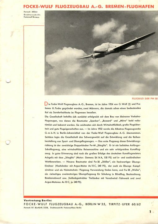 Flight Manual for the Focke-Wulf Fw58 Weihe